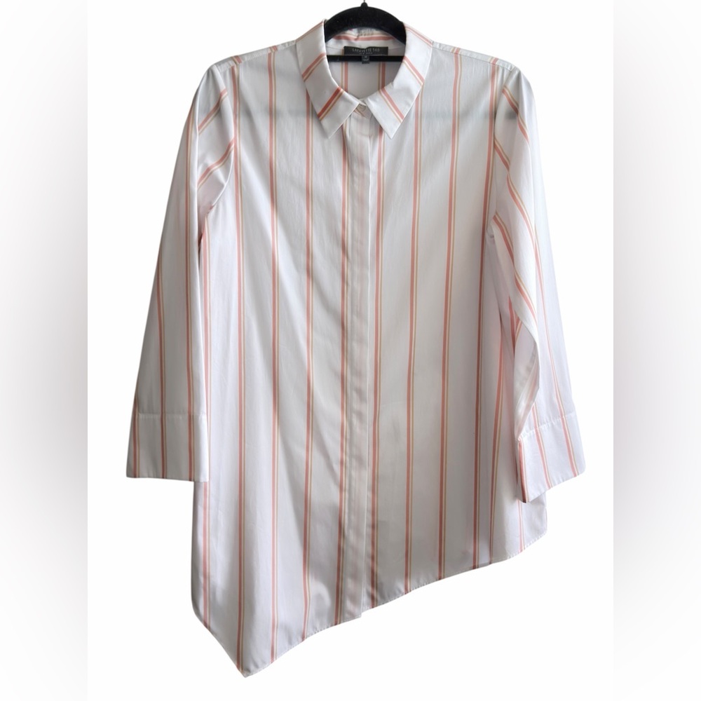 Lafayette 148 White Peach Striped Button Up Shirt Asymmetrical Hem Size M - Picture 10 of 16